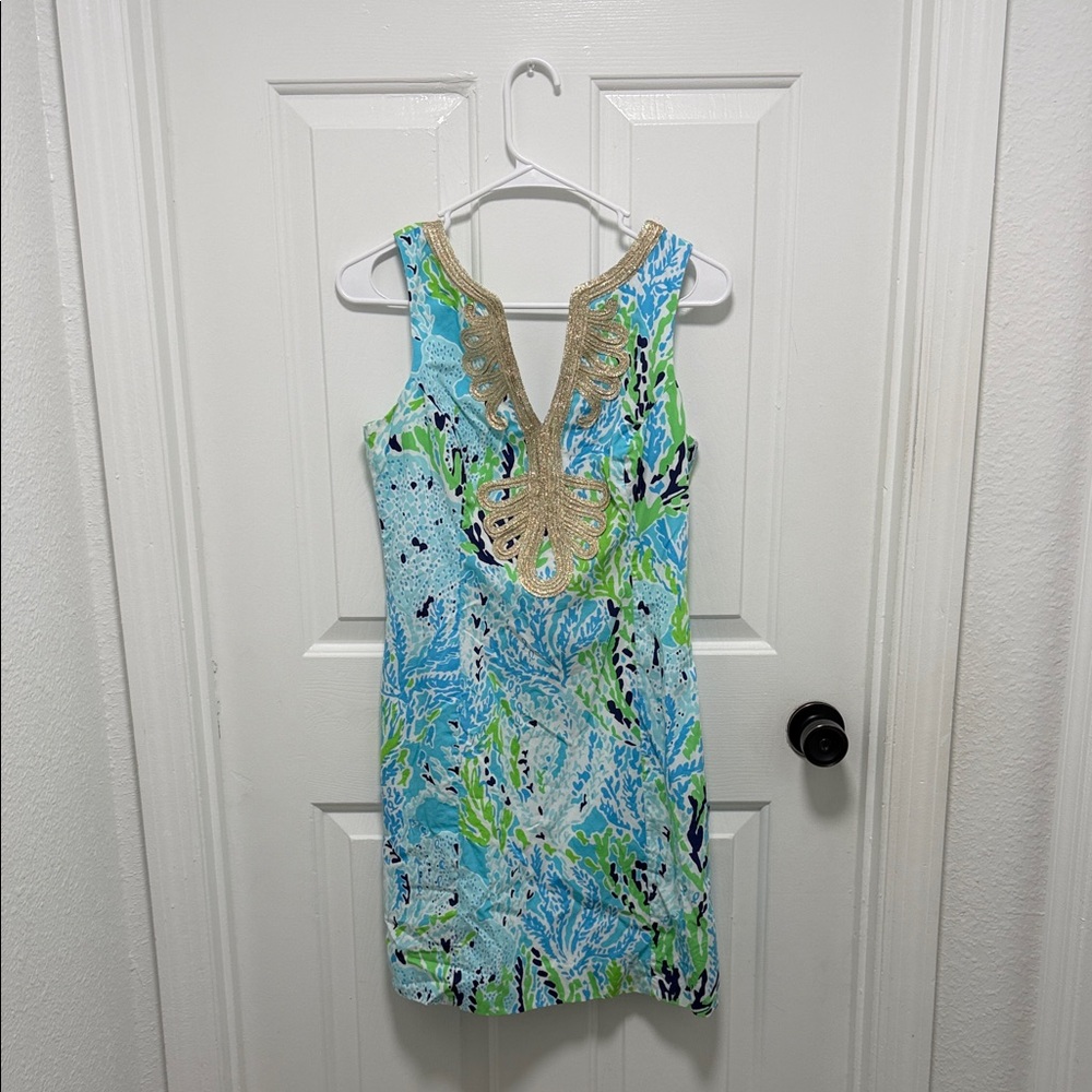 Lilly Pulitzer Blue, Green and Gold Embellished Mini Dress